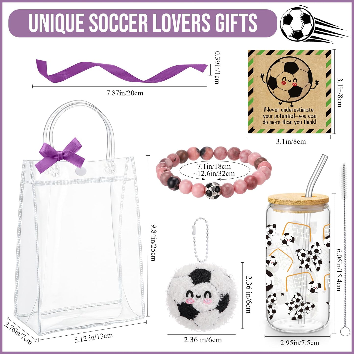 Roshtia 6 Pcs Soccer Lover Gifts Straw Glass Cup Support Doll Natural Stone Bracelet with Ribbon Card Bag Office Inspirational Gift for Coworker Team Player Sport Party Favor