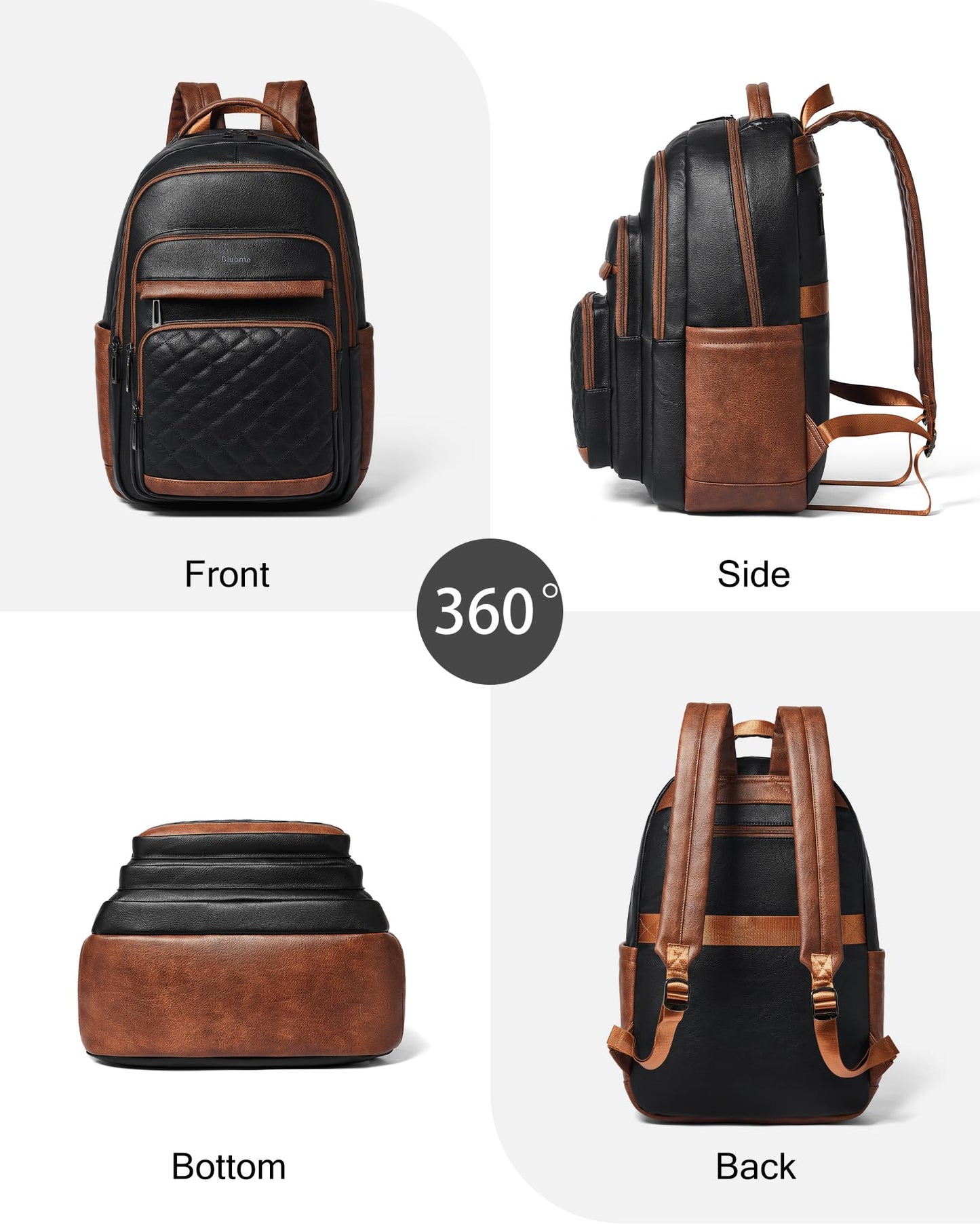 Bluome 43L Work Backpack for Women Men, Laptop Vegan Leather Backpack Purse with 15.6–17 Inch Laptop, Multi-Pocket Bookbag for Office Travel Gym Weekend Overnight Bag, Black&Brown