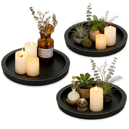 OKSON 3-Pack Round Wooden Candle Plate Holder Trays, Rustic Farmhouse Decorative Round Wood Tray for Coffee Table, Dining, Tealight & Pillar Candles, Party, Wedding, Christmas Home Decor (Black)