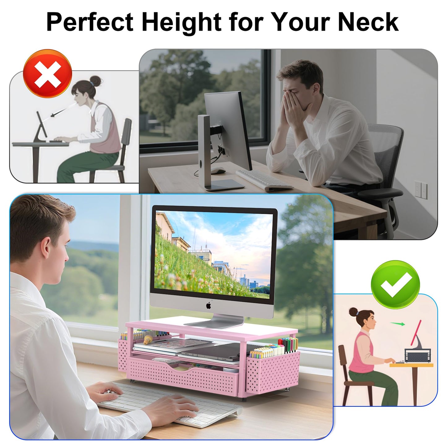 Spacrea Desk Organizer and Accessories, Computer Monitor Stand Riser with Drawer and 2 Pen Holders, Office Desk Accessories & Workspace Organizers for Office Supplies (Pink)