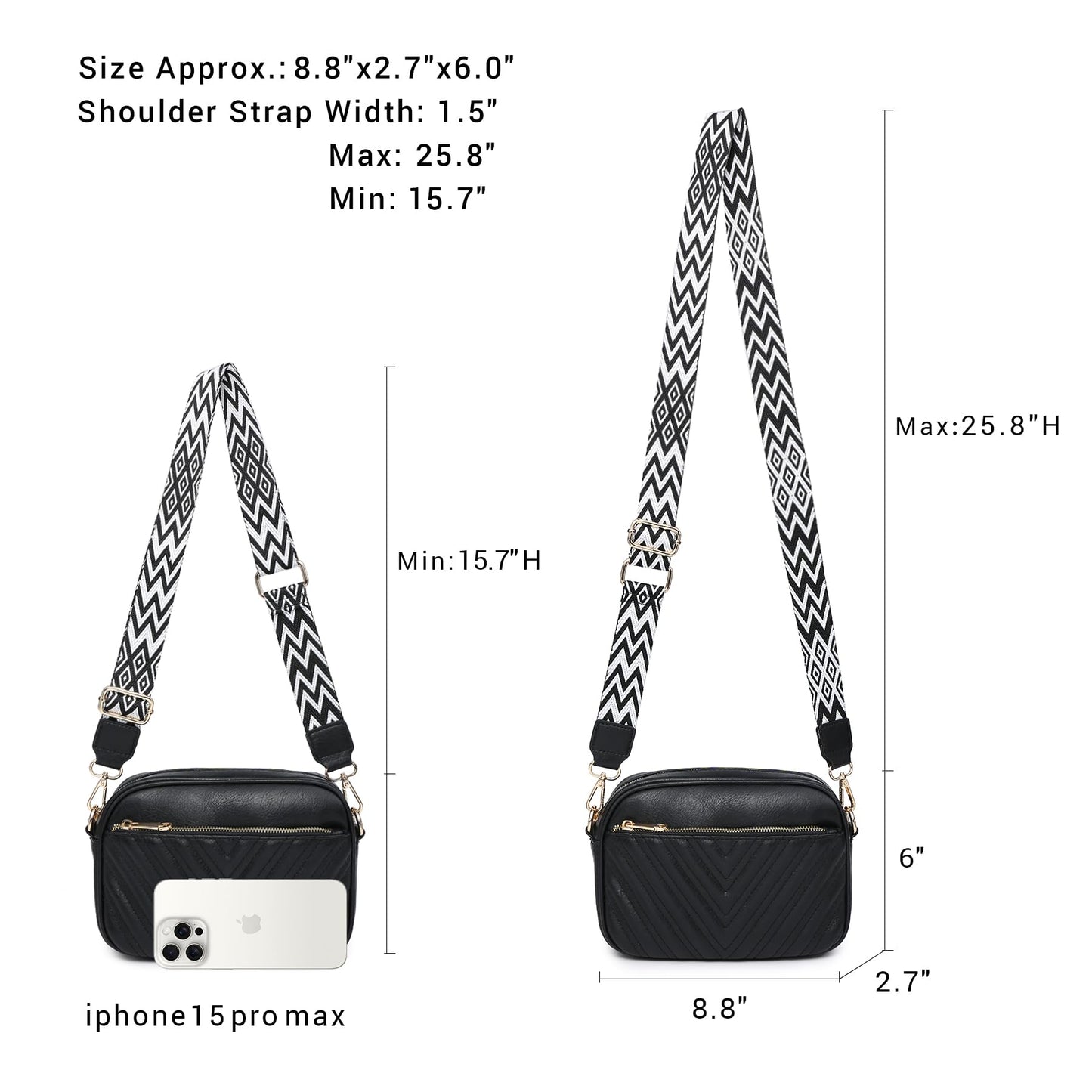 VONMAY Crossbody Purse for Women Quilted Crossbody Bags Vegan Leather Purses Small Shoulder Handbags with Wide Strap (Black)