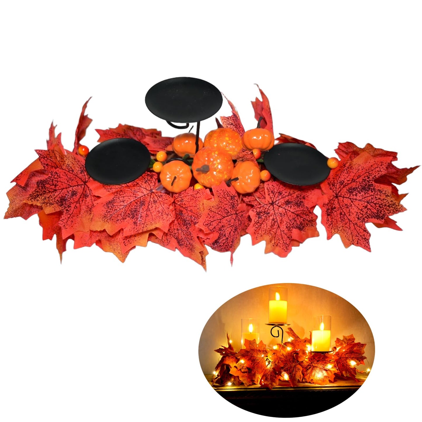 Fall Candle Holder Fall Table Centerpiece with Lights Thanksgiving Table Decor with Pumpkins Berries Maple Leaves Autumn Harvest Decoration with 3 Candle Holders for Dining Table Fireplace Home Decor