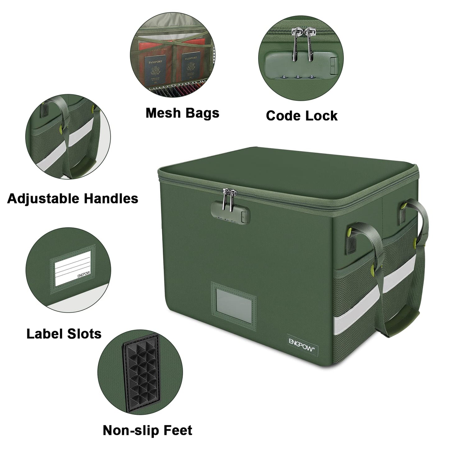 ENGPOW File Box with Lock, Fireproof Document Box with Zipper Lid, Collapsible File Storage Organizer Filing Cabinet with Handle, Portable Home Office Safe for Hanging Letter/Legal Folders, Green