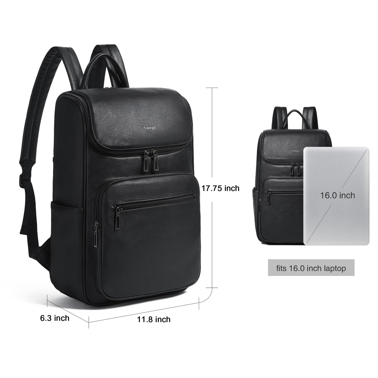 tiamyi leather travel backpack for men and women, flap top laptop backpack fits 17.0 inch computer with luggage strap and separate padded compartment, black