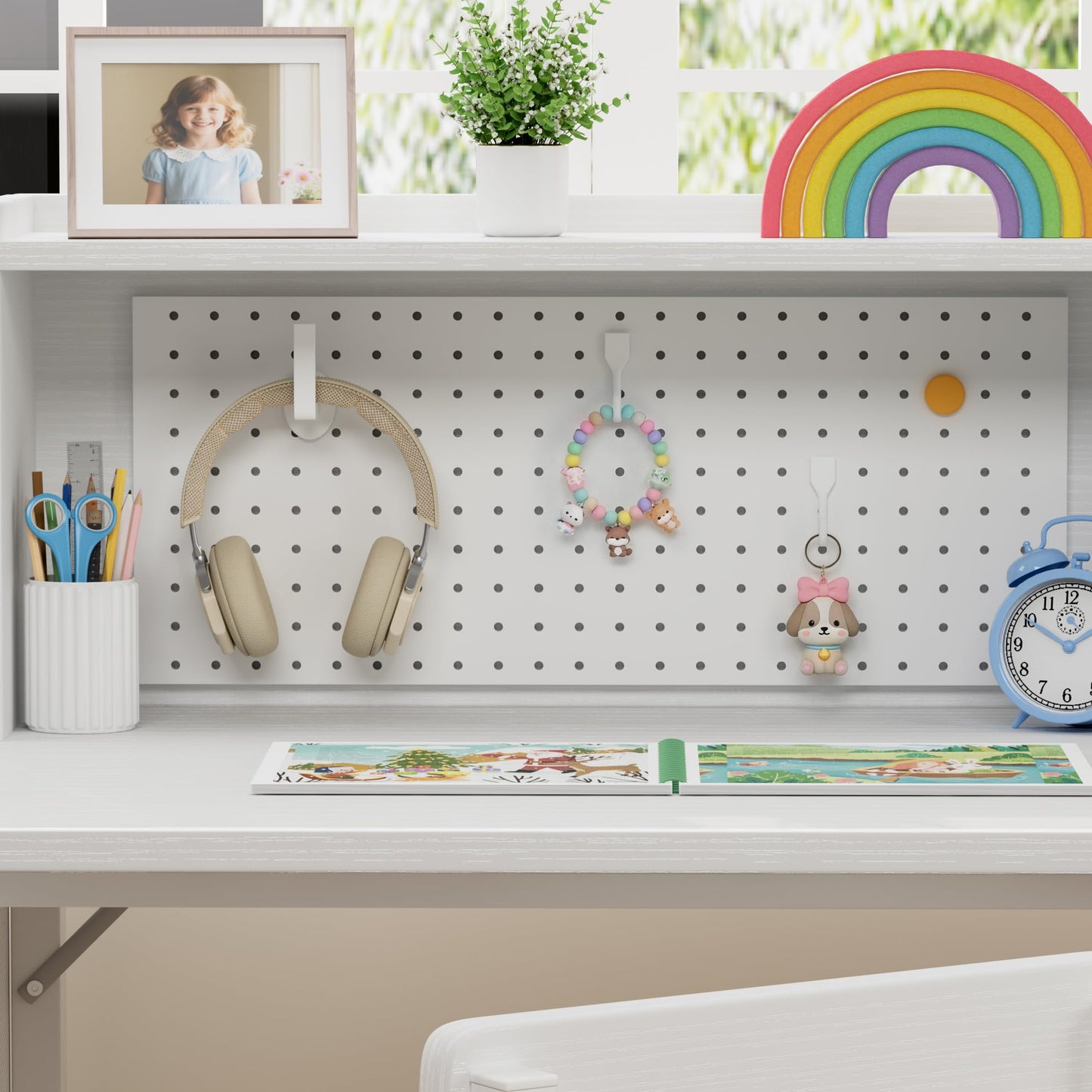 BOLUO Kids Desk and Chair Set for 6-12 Year Old, Children Study Desk with Hutch and Pegboard, Student Writing Table with Storage Shelf for Girls Boys