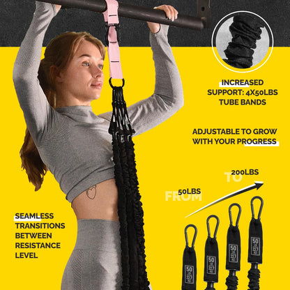 Pull Up Assistance Bands Set - 4 Heavy-Duty Pull Up Bands, Height Adjustable Strap & Comfortable Foot Strap - Stackable Pull Up Resistance Bands for Pull Ups (Pink)