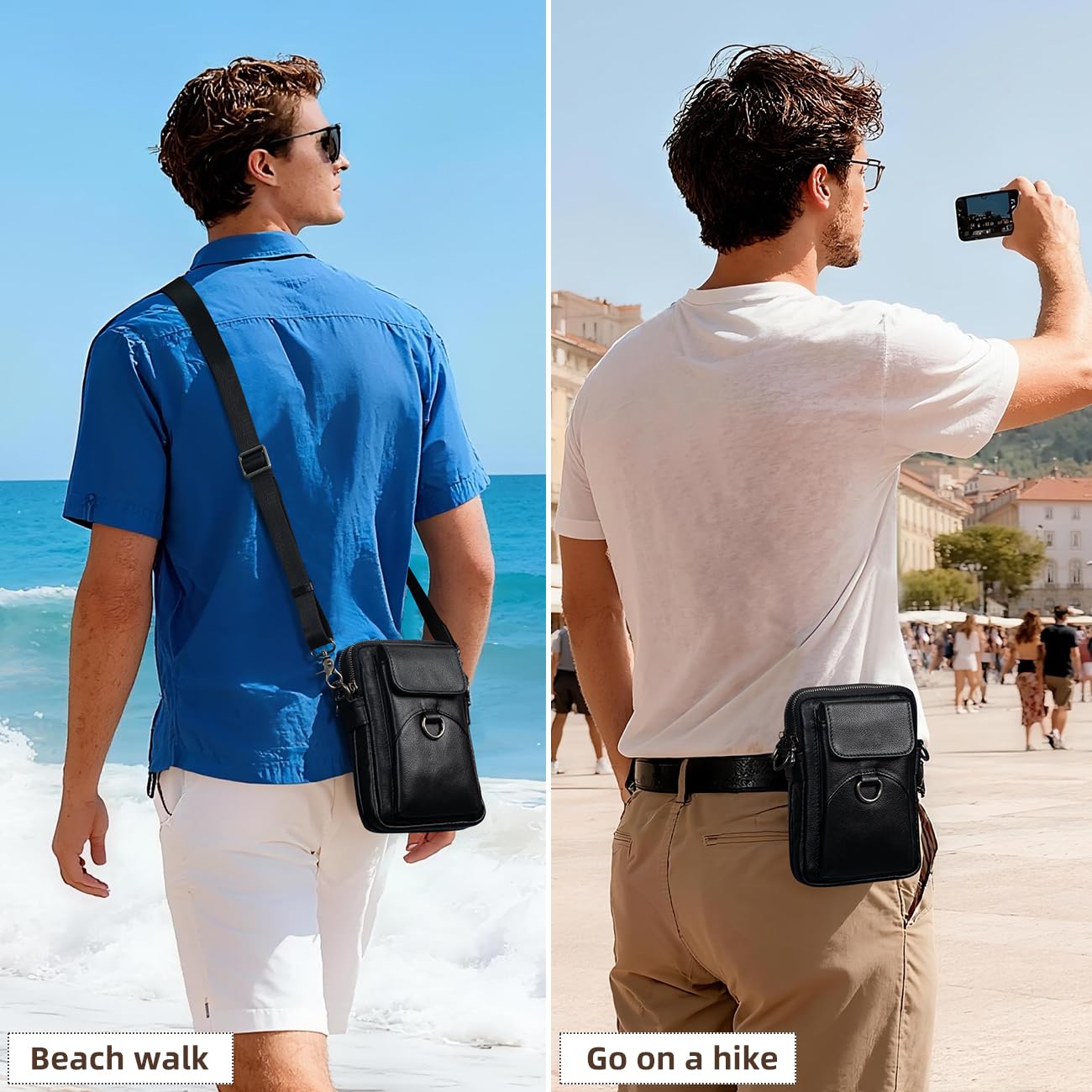 Augus Genuine Leather Small Crossbody Bag Cell Phone Messenger Purse Shoulder Handbag for Daily Use for Women and Men (Black-1)