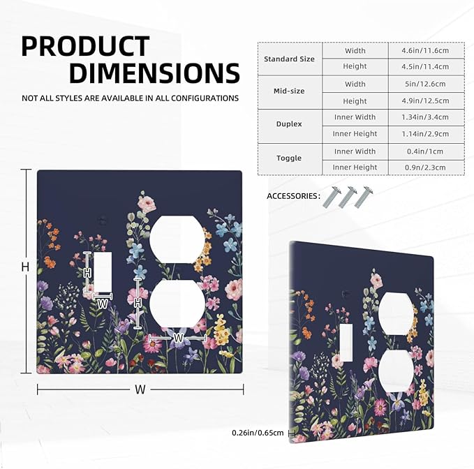 Decorative Light Switch Cover Plate Rustic Wild Floral Darkground Vintage Watercolor Flower 2 Gang Outlet Covers 1 Toggle 1 Duplex Wall Plate Decorate Electrical Switch Plate Covers