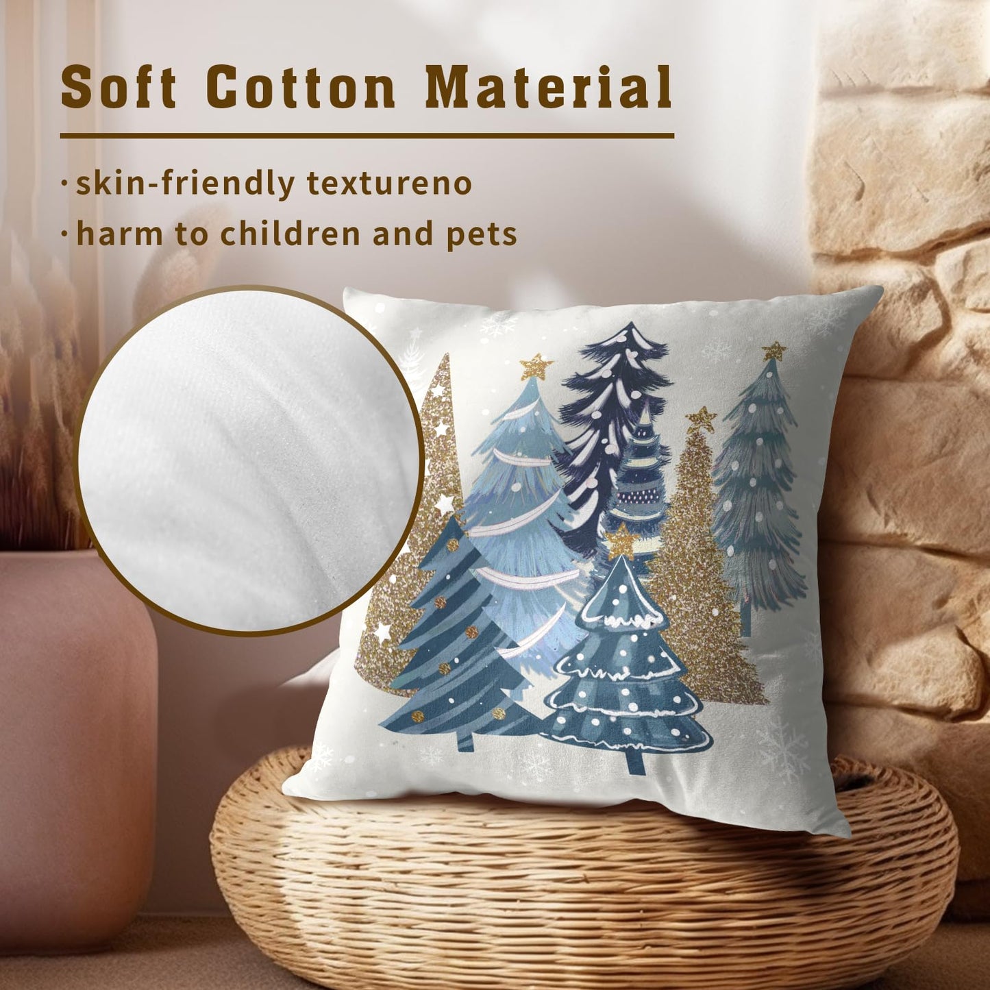 Christmas Trees Throw Pillow Covers 16x16, 2 Pcs Blue Xmas Trees Winter Pine Forest Farmhouse Decorative Pillow Cases Cushion Cover for Bed Sofa Couch Porch Outdoor Home Decor