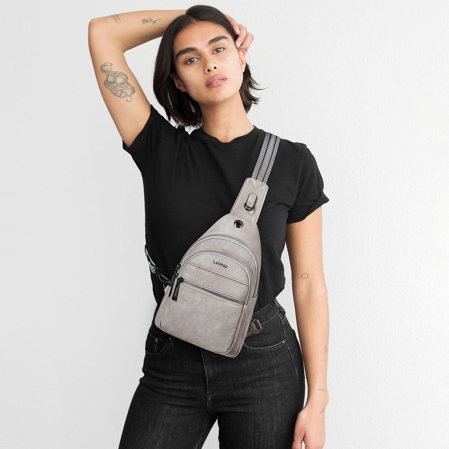 LATMAP 7L Sling Bag For Women Faux Leather Anti Theft Small Casual Daypack Backpack Fanny Pack Crossbody Chest Bags Purse Waterproof Light Grey