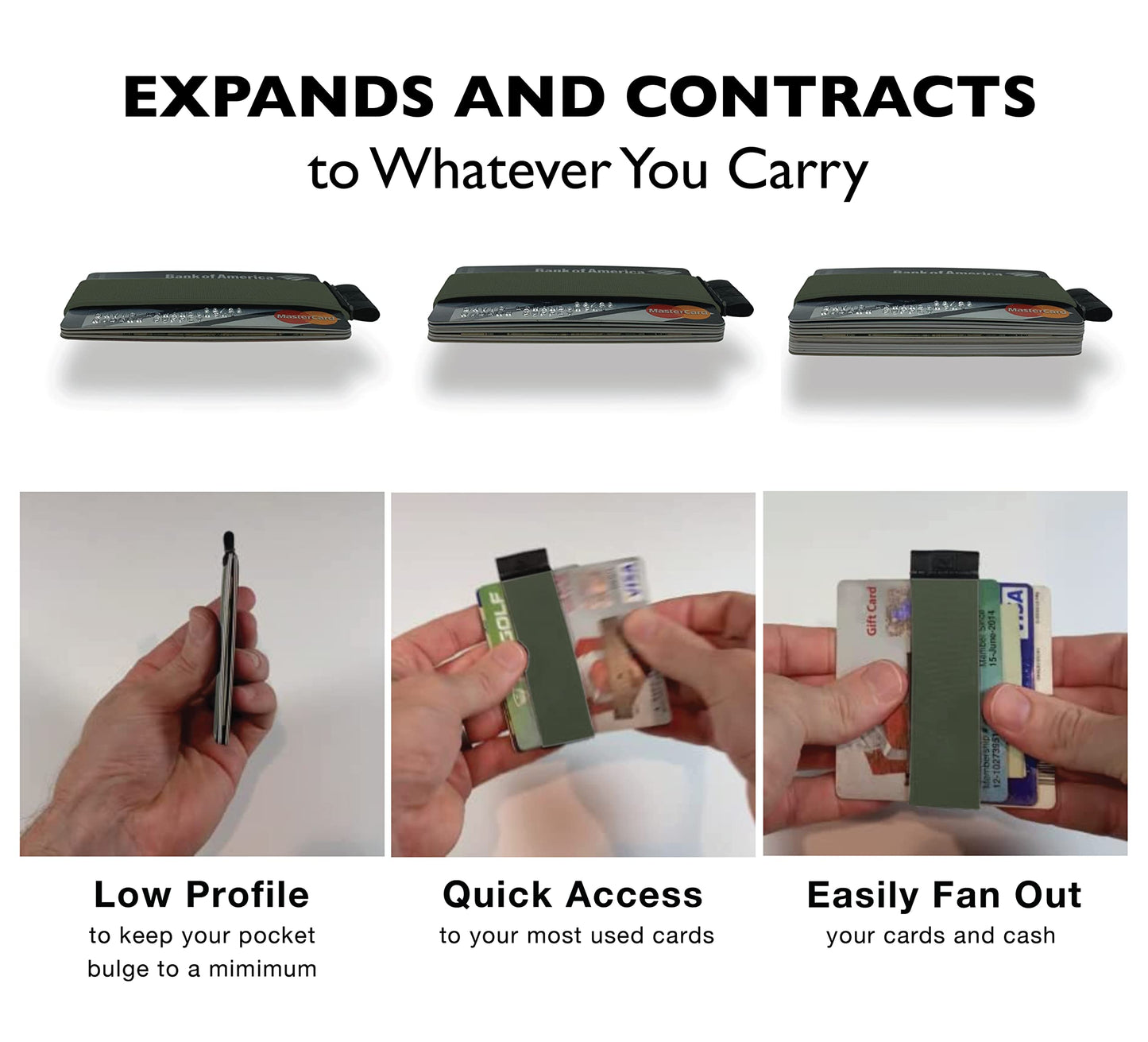 Modern Carry Quick Draw Minimalist Wallet for Men & Women, Elastic Band Minimal Credit Card Holder with Leather Tab, Card Grabber for Long Nails, Money Clip Alternative (Black) (Olive Green)