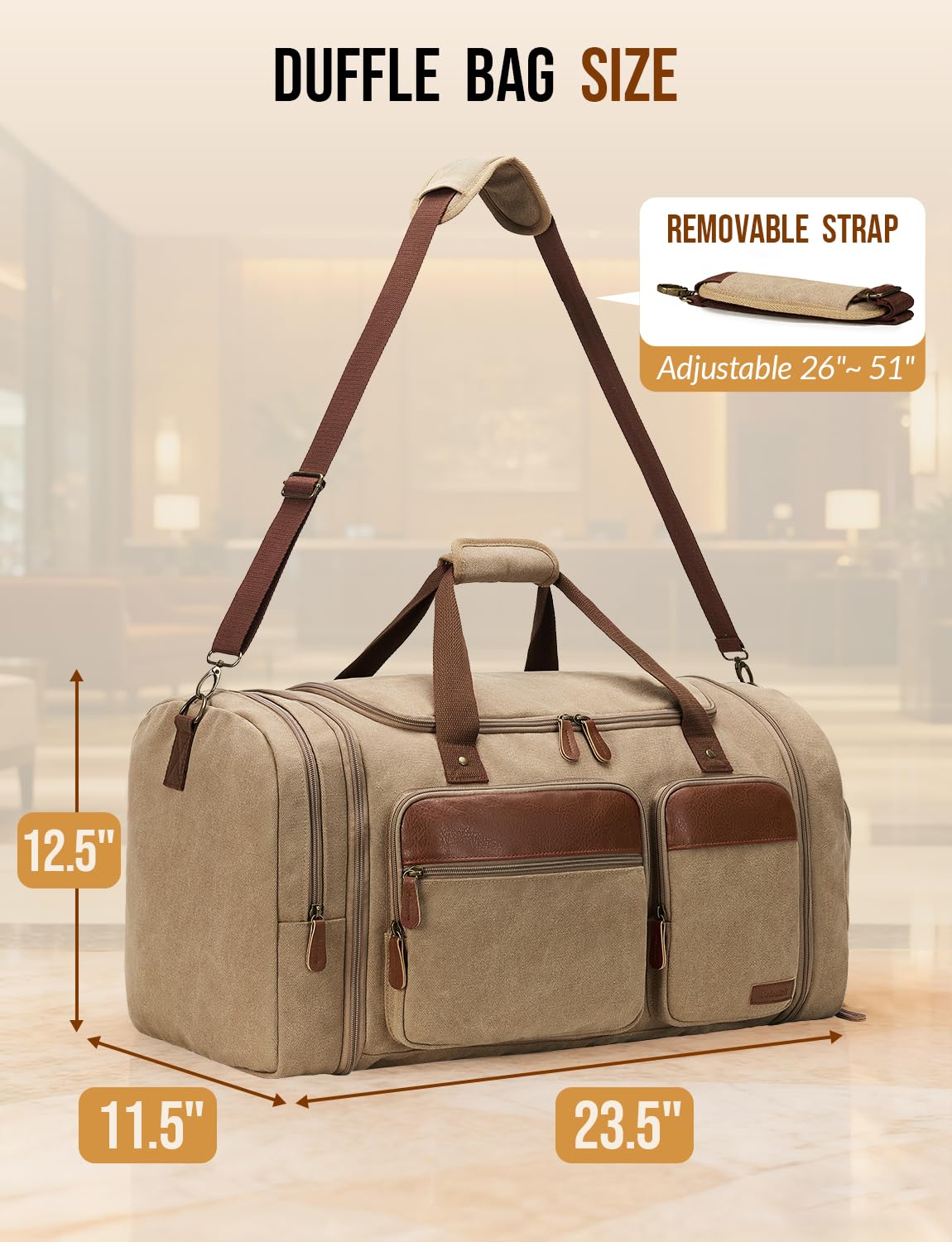 Celvetch Canvas Duffle Bag for Travel 65L Expandable Travel Duffel Bags for Men Women Overnight Weekend Gym Bag with Shoes Compartment - Brown(65L)