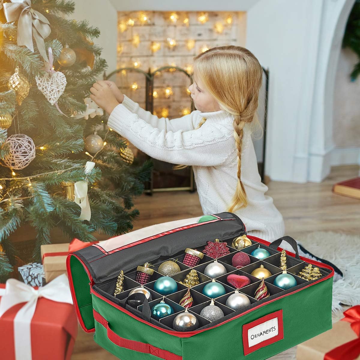 HOLDN’ STORAGE Christmas Ornament Storage Box with Dividers - Fits 48-3” Ornaments, 2 Removable Trays, Durable & Space-Saving, Clear Top Lid, Fits Underbed, Green