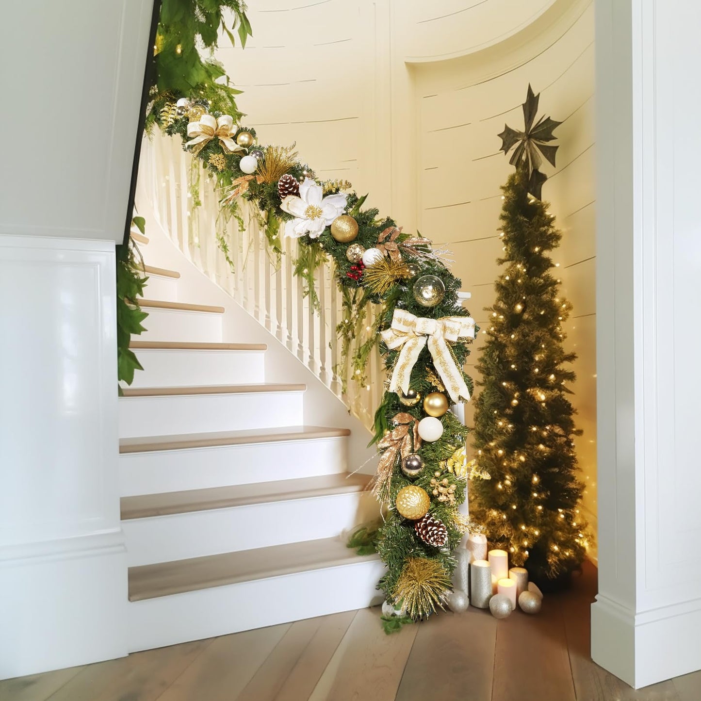 WBHome Pre-lit 6 Feet/72 Inch Christmas Garland, White & Gold Lighted Garland with 35 LED Lights for Indoor Outdoor Xmas Decor Holiday Decorations, Battery Operated (Batteries NOT Included)