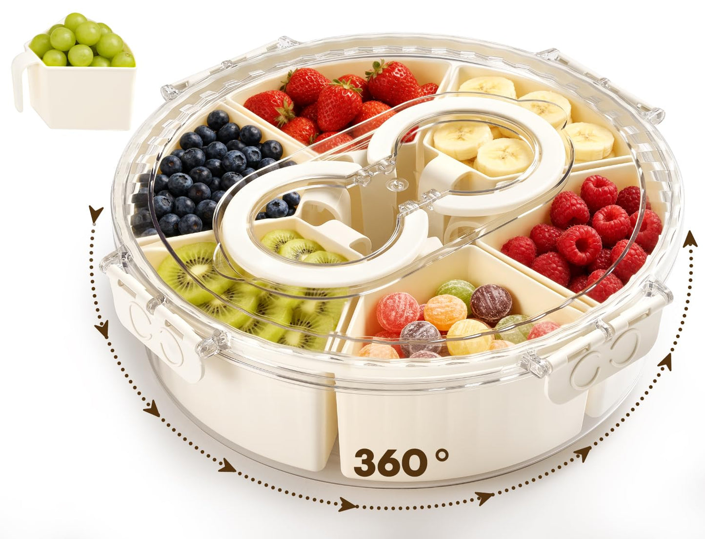 Divided Snack Serving Tray with Lid and Handle，Snackle Box Container for Fruits Candy Organizer，Portable Spinning Rounded Veggie Tray for Kitchen, Party, Trave and Picnic