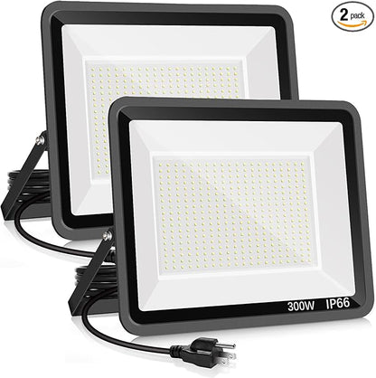 2 Pack 300W LED Flood Light Outdoor,2000W Equivalent 43500LM 5000K Daylight White Super Bright FloodLight with Plug,IP66 Waterproof Commercial Lighting for Sports Fields,Counts,Arena,Stadium