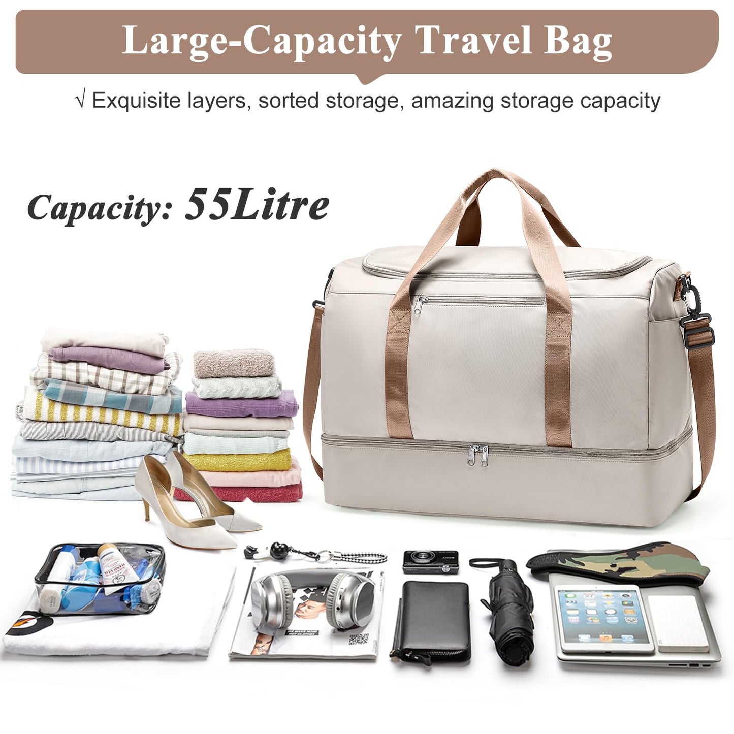Extra Large Travel Duffle Bag,Carry on Overnight Weekend Bag with Shoes Compartment,Weekender Bags for Women for Travel Business Trips Sport Hospital