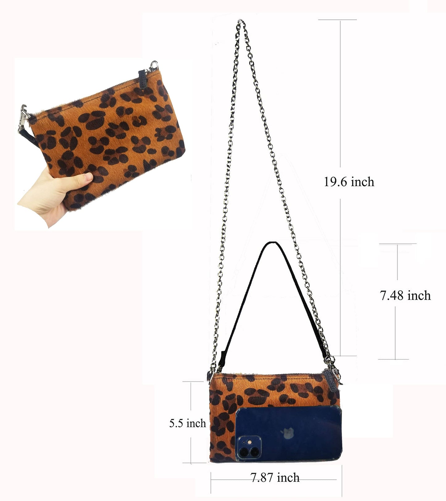 Leopard Print Purse [ Calf Hair on Hide Leather] Fur Clutch [Luxury Exclusive] Wild Animal Pattern Vintage [Small] Evening Bag Winter Envelope Chain Underarm