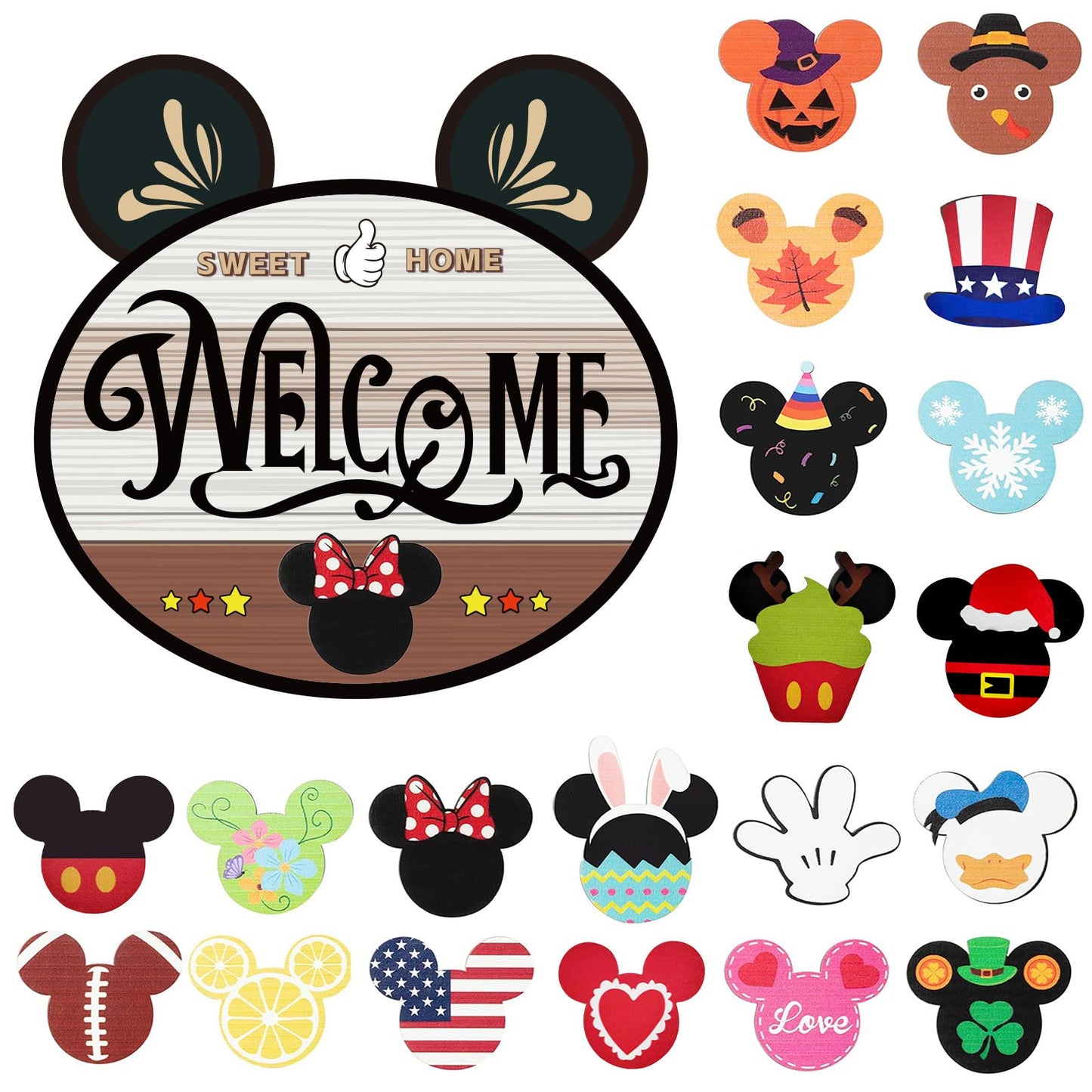 FUEMEILY 15.7'' Cute Mouse Seasonal Interchangeable Home Sign for Front Porch,18pcs Interchangeable Hanging Vertical Welcome Door Sign for Farmhouse/Wall/Porch Decor and Housewarming Gift