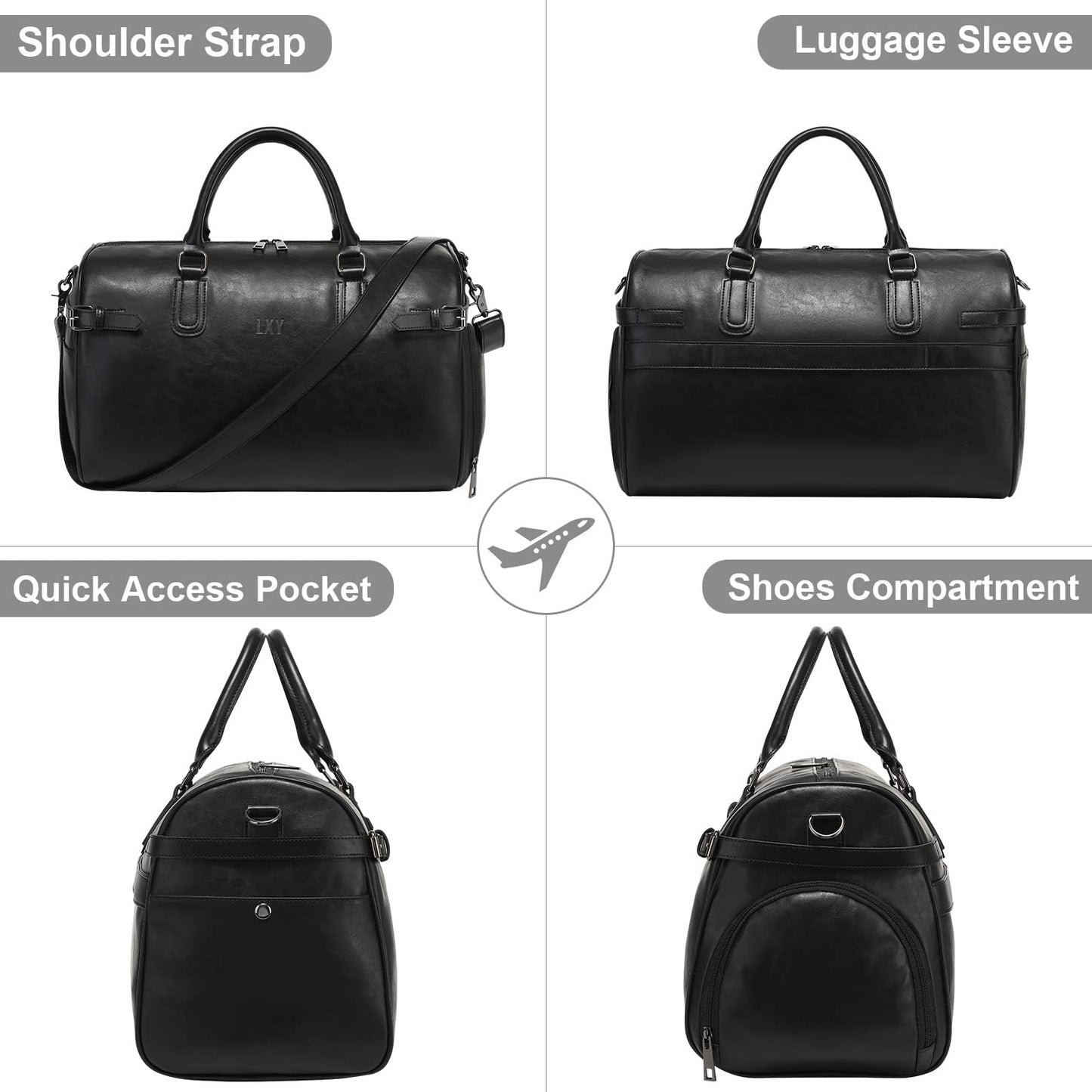 Vegan Leather Duffle Bag, LXY Travel Duffle Weekender Bag with Shoe Compartment, Duffel Overnight Gym Bags for Women Men Black