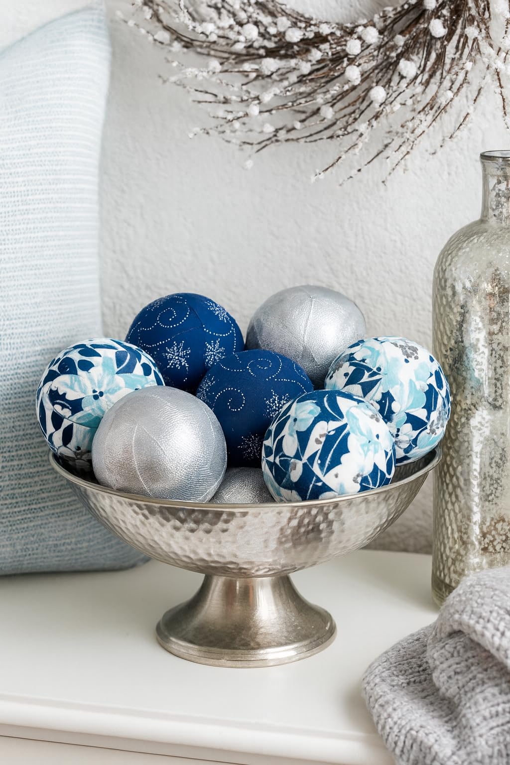 Set of 6 Fabric Wrapped Decorative Balls – 3" Blue, White & Silver Winter Designs – Handmade Styrofoam Bowl Fillers – Christmas & Winter Tray Décor