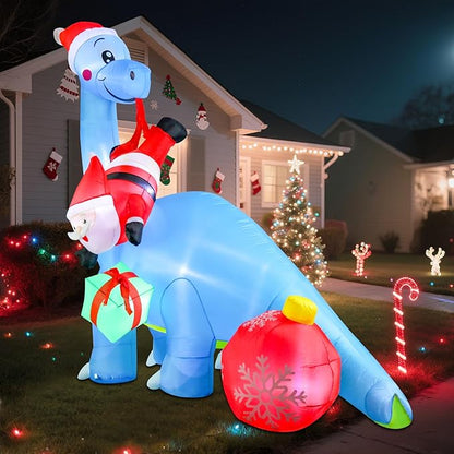 10FT Christmas Inflatable Outdoor Decorations, Inflatable Dinosaur and Santa Claus Built-in LED Lights Blow Up Yard Decorations for Holiday Indoor Outdoor Party Garden Lawn