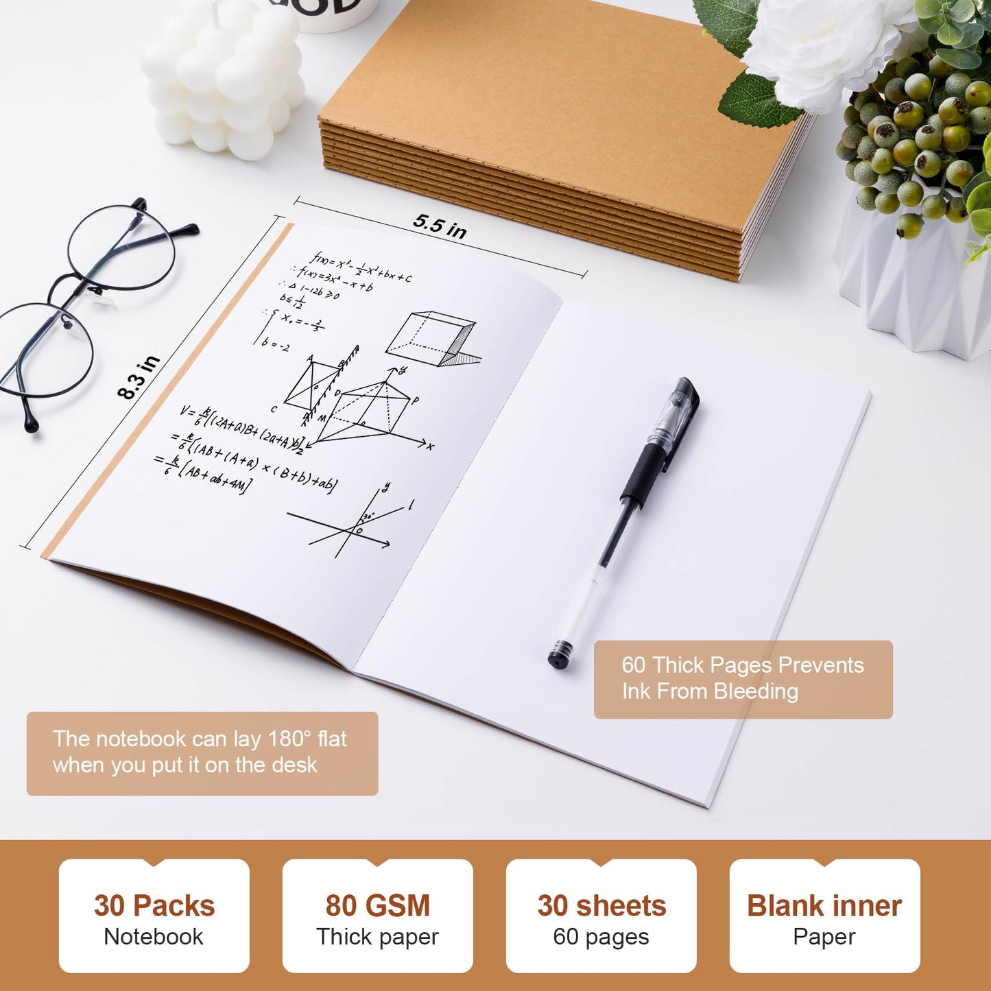 YGPHO 30PCS A5 Blank Kraft Notebooks Bulk, 8.3x5.5inch Unlined Paper Composition Notebook, 60 Pages Travel Journal Notebook Set for Work, School, Student,Kids and Writing