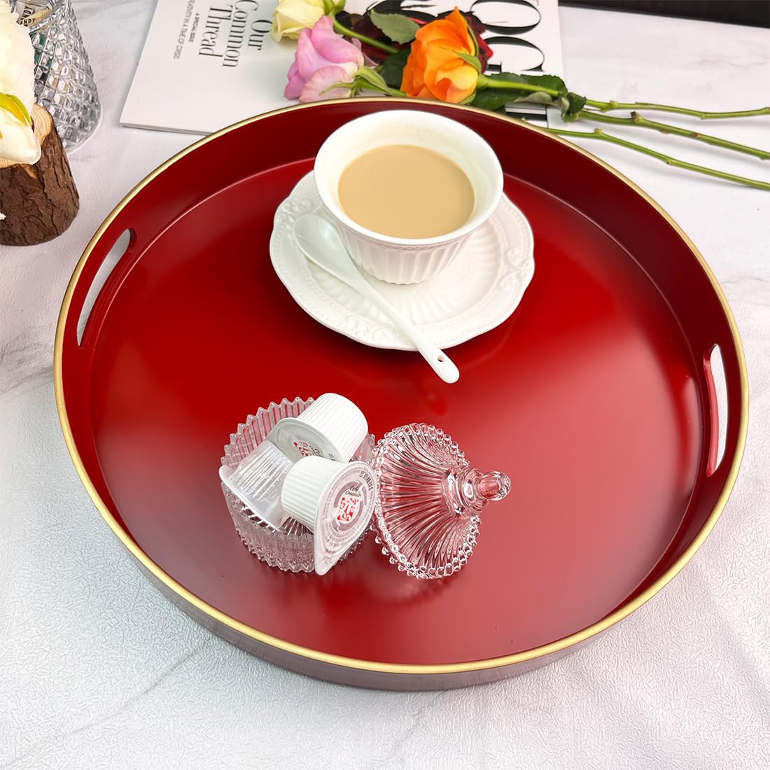 UOEKCS Red Decorative Tray, Serving Tray with Handles, Round Decorative Tray for Coffee Table, 13 Inch Plastic Tray for Ottoman, Living Room, Bathroom, Home Decor.