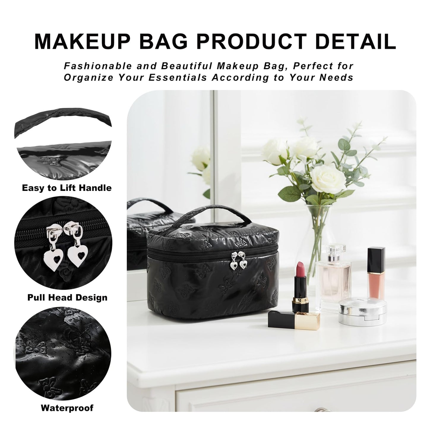 Alamealle Large Cosmetic Bags Travel Makeup Bag with Mesh Pocket Portable Cute Toiletry Bag Aesthetic Make Up Organizer with Handle for Women Girls (Black)