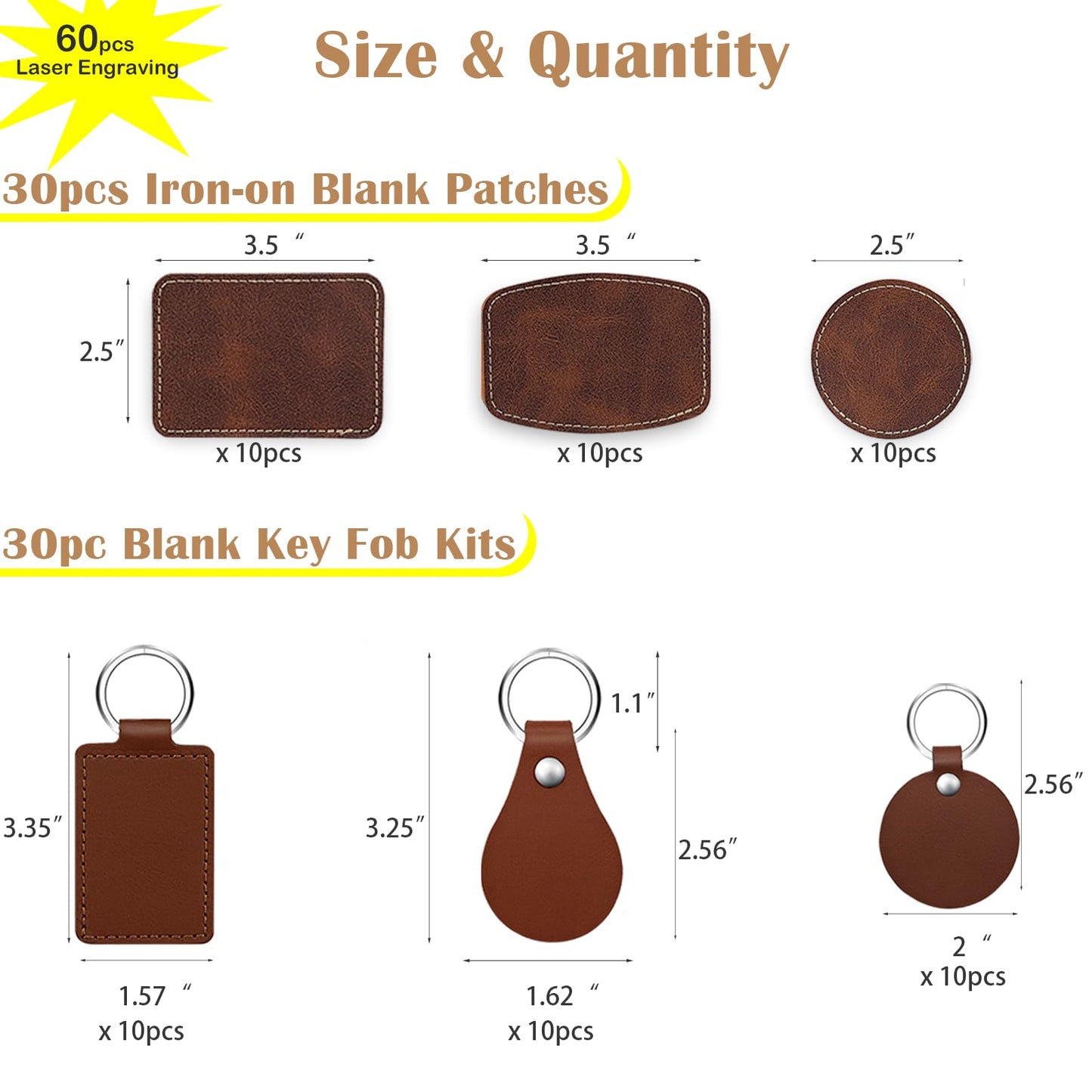 iFForce 60 Pcs Lasable Engravable Blanks - Leatherette Iron on Hat Patches & PU Leather Key Fob Kit for DIY Custom Laser Engraving Craft Gifts