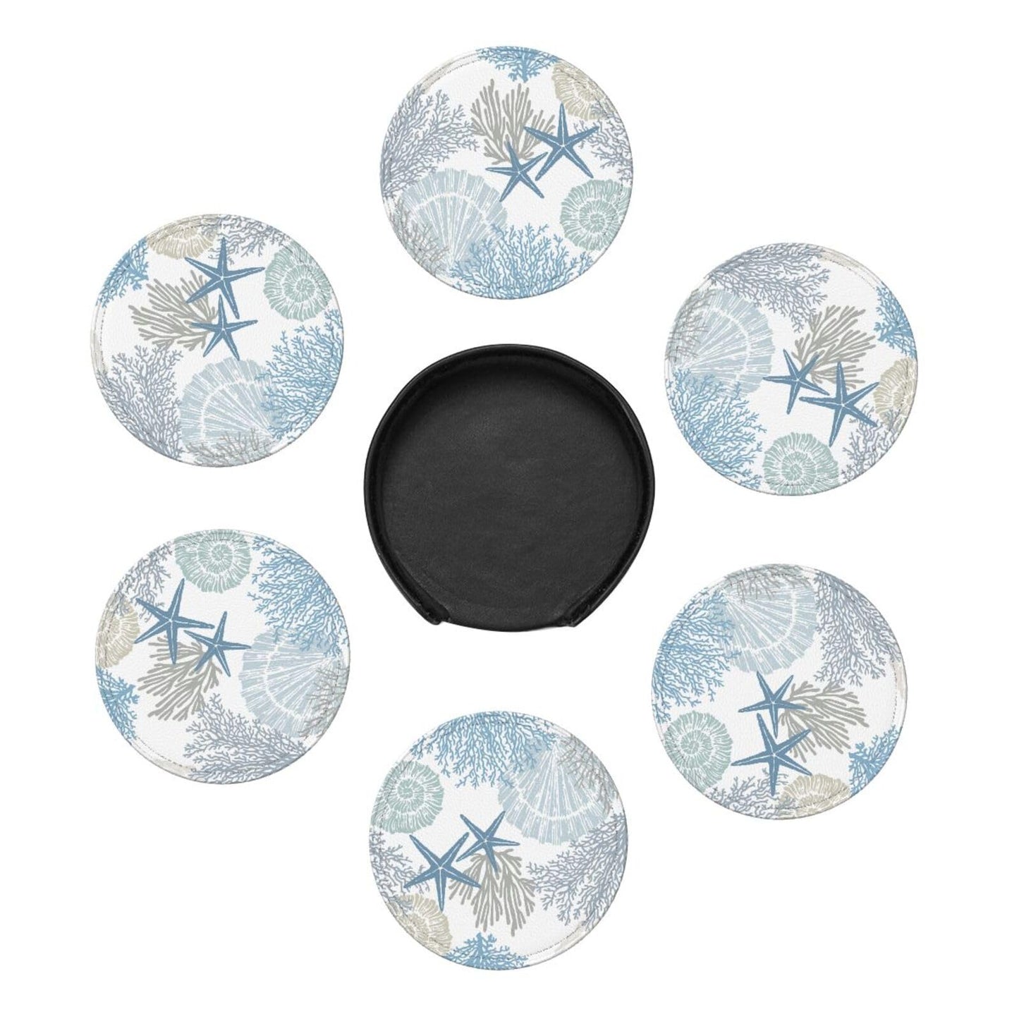 Nautical Sea Shell Star Coral Coastal Coasters for Drinks Round Leather Coaster with Holder Set of 6 for Tabletop Protection Desk Accessories Office Home Room Decor