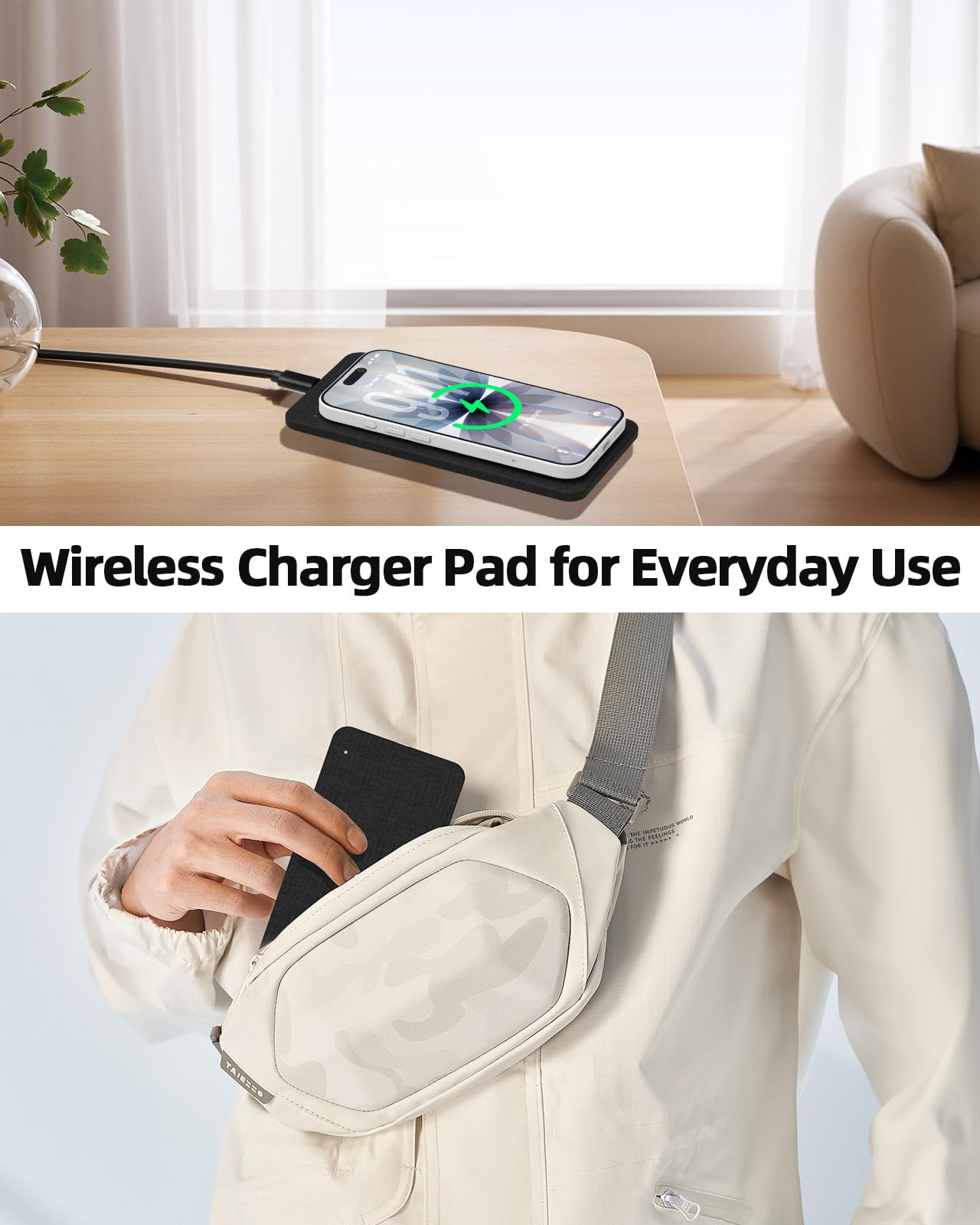 Valet Tray with Wireless Charger, Nightstand Organizer & Catchall Tray for Phone, Keys, Glasses and Accessories, Premium Linen, Stylish Desk & Bedside Storage Station, Black
