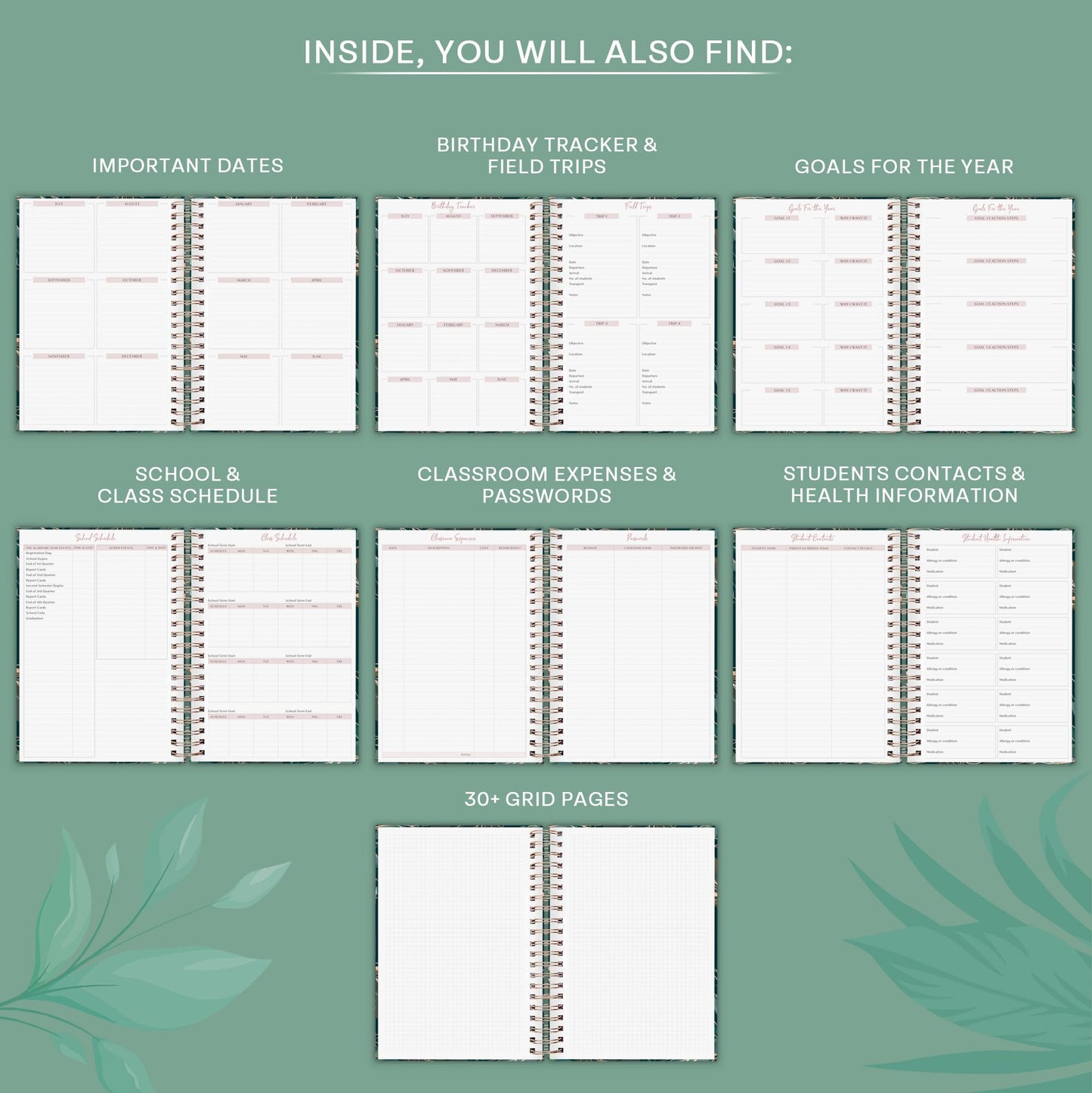 PLANBERRY Teacher Planner – Undated School Year Plan Book for Teachers with Calendars & Lesson Plans – Planner for Classroom Organization & Homeschool – 8”x10.5” Hardcover (Green Pastures)
