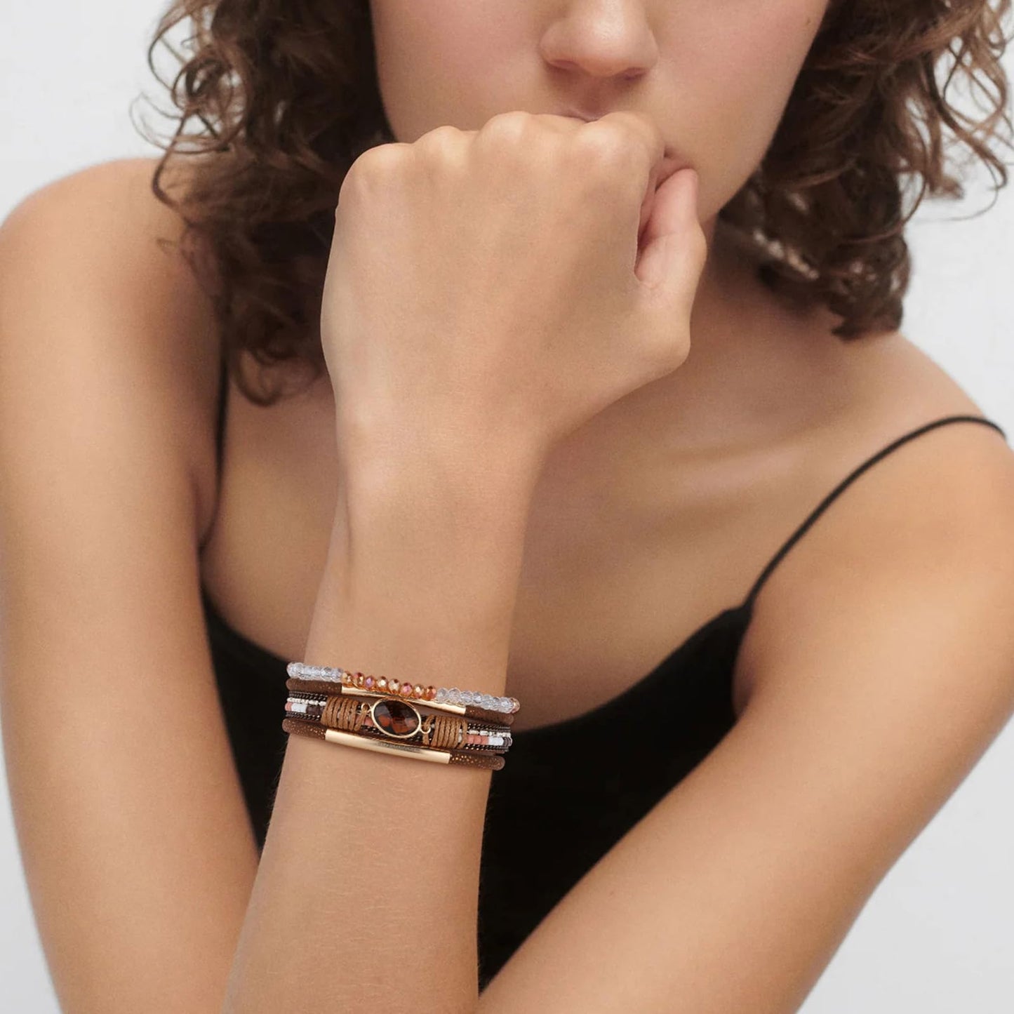 HZMAN Boho Handmade Multilayer Leather Wrap Bracelets for Women Acrylic Crystal Cuff Bangle Jewelry Gift