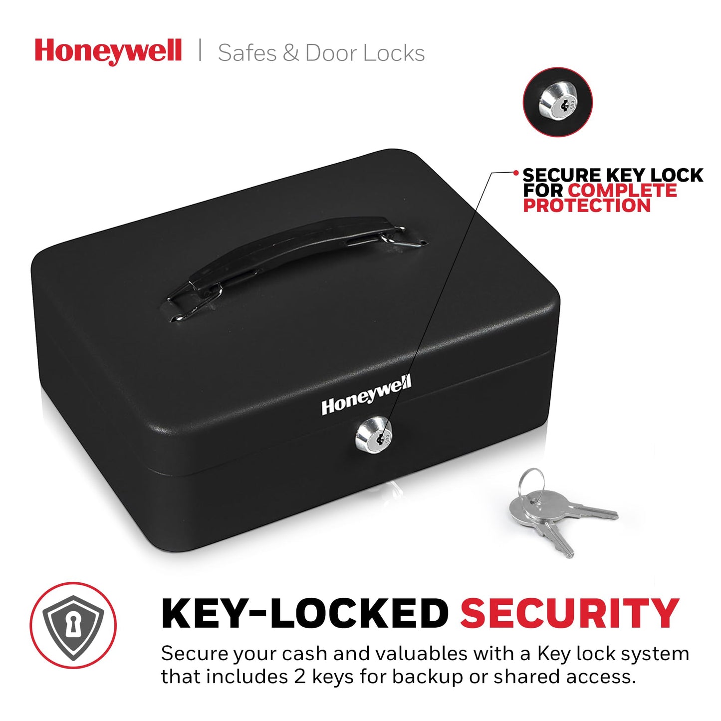 Honeywell Safes & Door Locks - Standard Small Cash Box with Removable Money Tray - Storage Under Tray & 5 Coin Slots - Durable Metal Safe with Key Lock - Saving Money Lock Box - Black, 0.14 CU - 6112