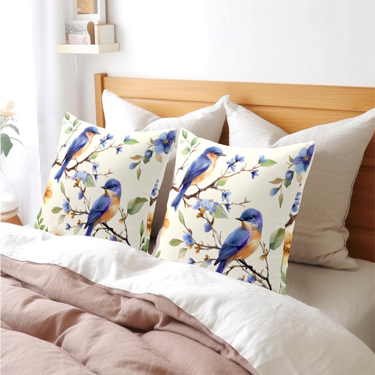 Spring Summer Pillow Covers 24x24 Inch Set of 2 Blue Floral Bird Decorative Outdoor Throw Pillows Yellow Green Flower Pillowcases Cotton Linen Cushion Cover for Sofa Bed Couch Home Decor