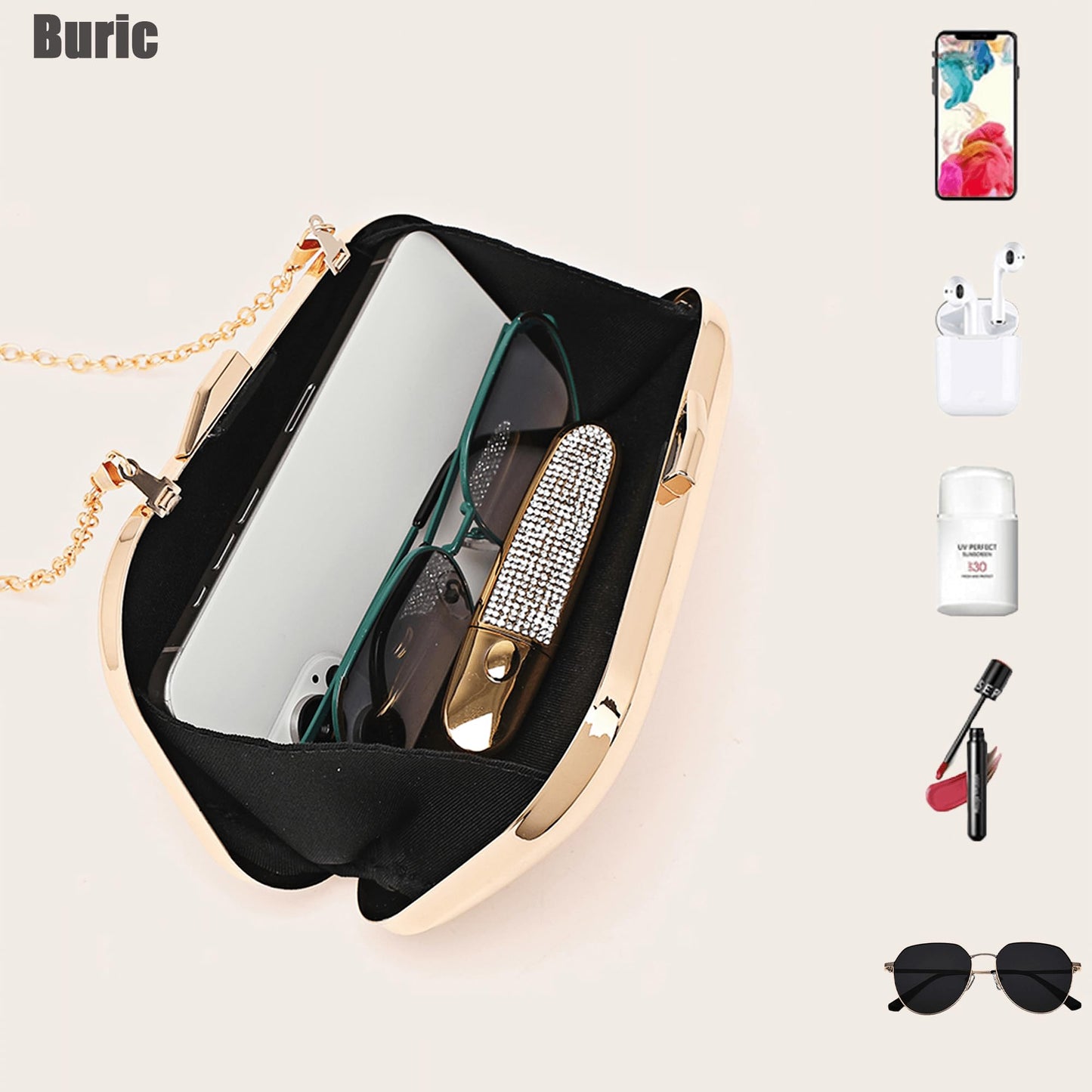 Buric Clutch Purse for Women Metallic Evening Bag Acrylic Shell Handbag With Chain for Wedding Party Prom Gold