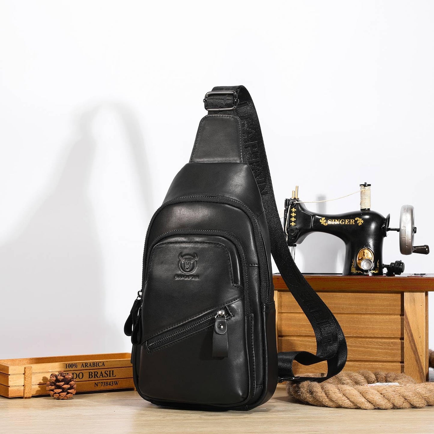 Leather Sling Bag for Men Crossbody Backpack with USB Charging Port Casual Daypack for Hiking Shoulder & Chest Bag Purse (Black)