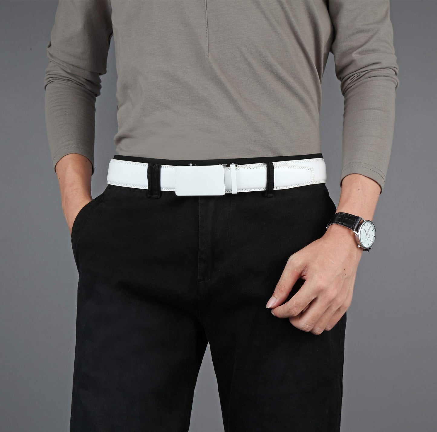 Lingli White Belt for Men Ratchet Dress Belt with Automatic Buckle -Trim to Fit-35mm wide-0051-110-White