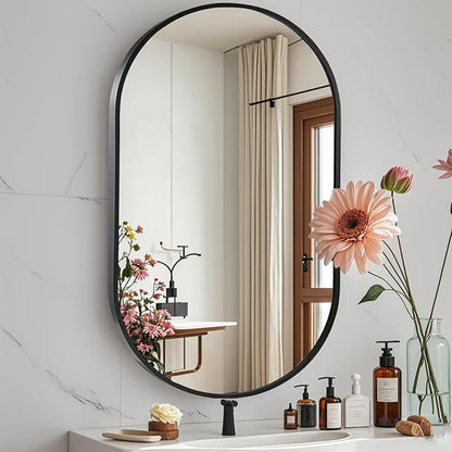 26x38 inch Oval Bathroom Mirror, Black Vanity Wall Mirror with Brushed Metal Frame, Oval Mirrors for Bathroom, Entryway, Over Sink, Living Room