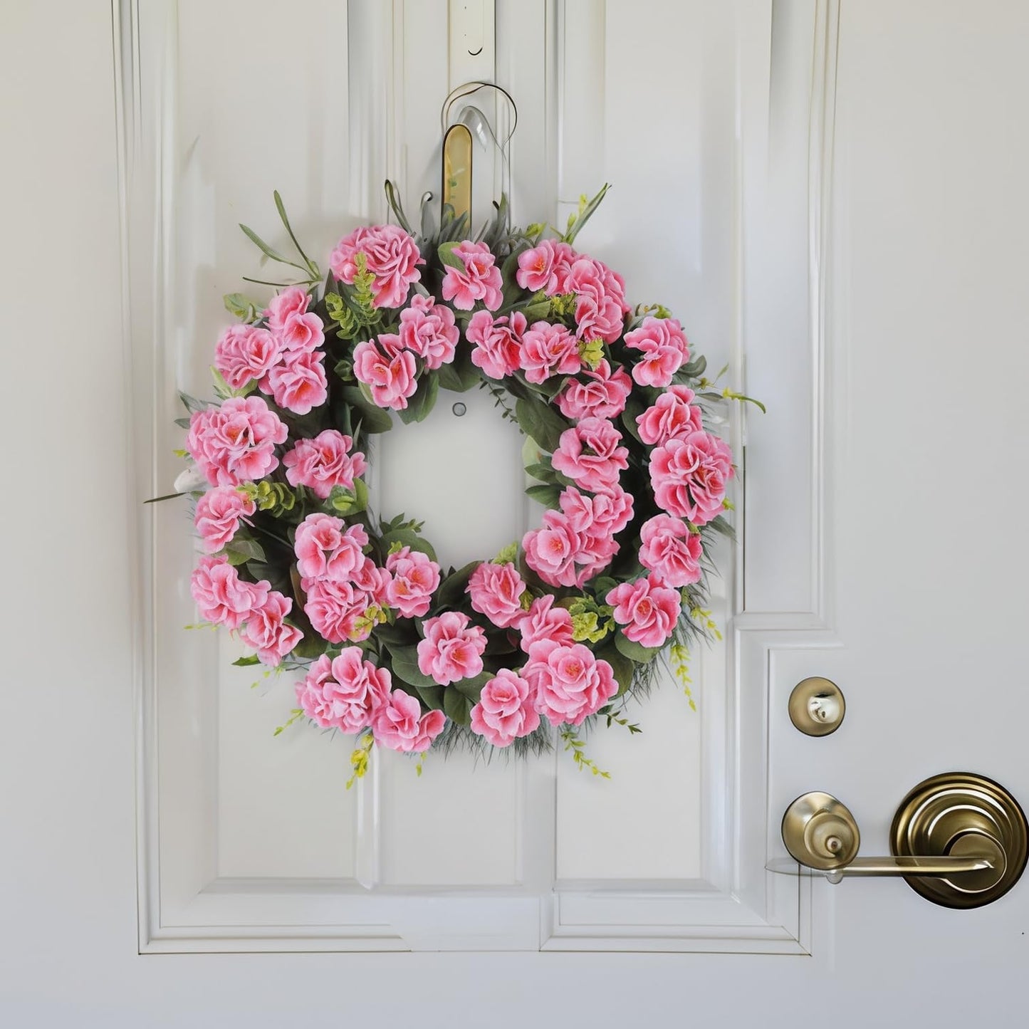 KuiMen Spring Summer Wreaths for Front Door 24 Inch Pink Artificial Geranium Wreath with Blessed Hanging Sign for Indoor and Outdoor Decor