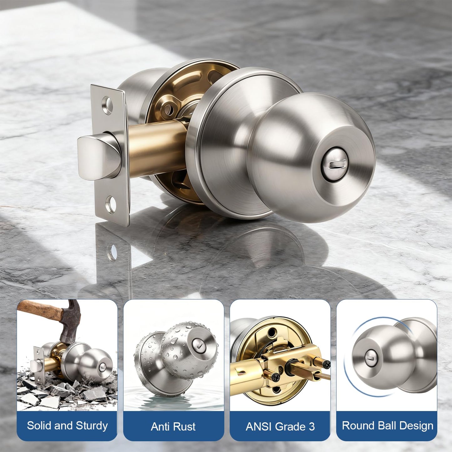 Knobonly 2 Pack Privacy Door Knobs Satin Nickel, Keyless Door Knobs Interior for Bedroom and Bathroom, Round Door Handles Stainless Steel, Classic Design