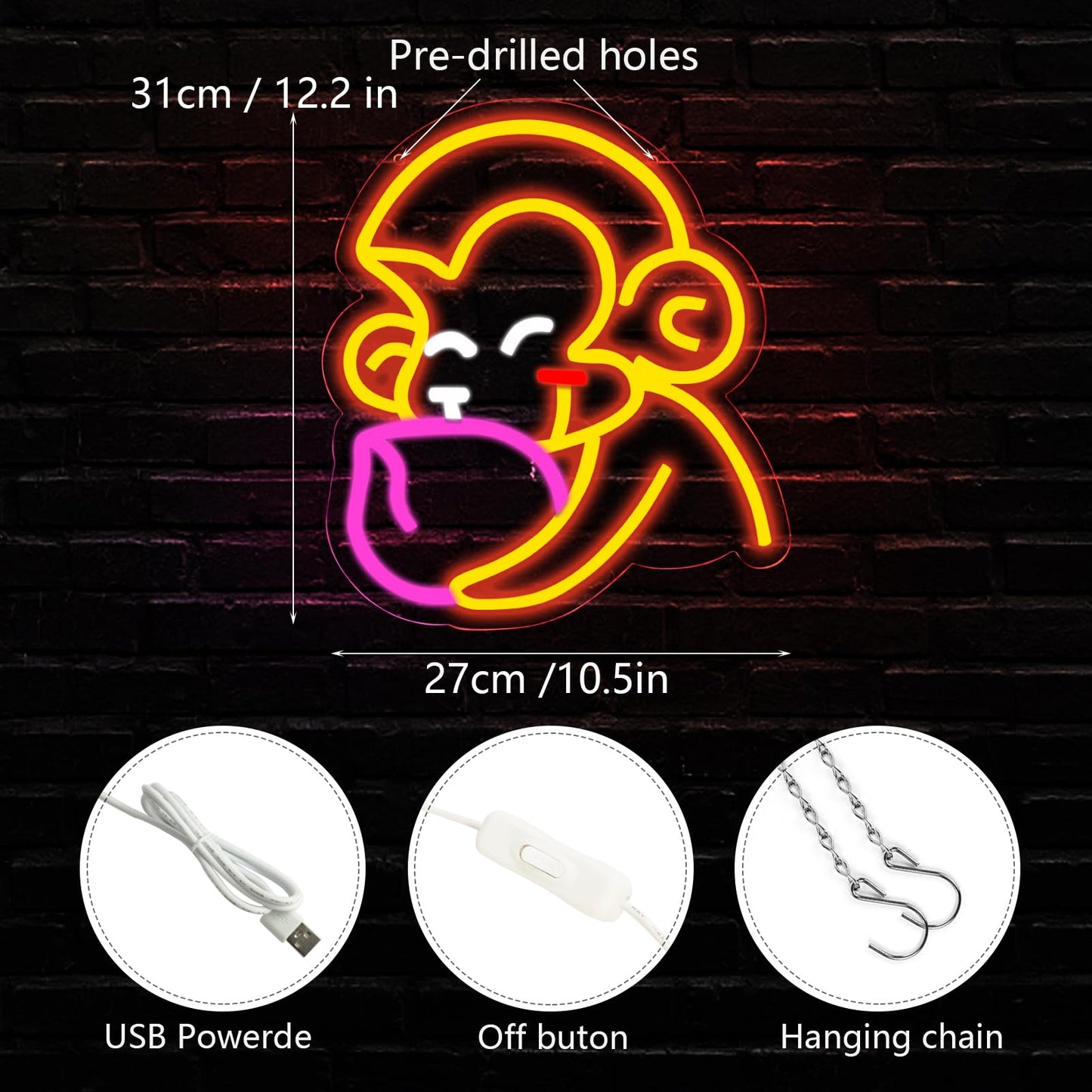 Balanar Cartoon Monkey Neon Sign For Wall Decoration Peach Neon Signs LED Signs Anime Style Neon Lights Room Decoration Birthday Party Gifts Aesthetic Red Kids Bedroom Decor