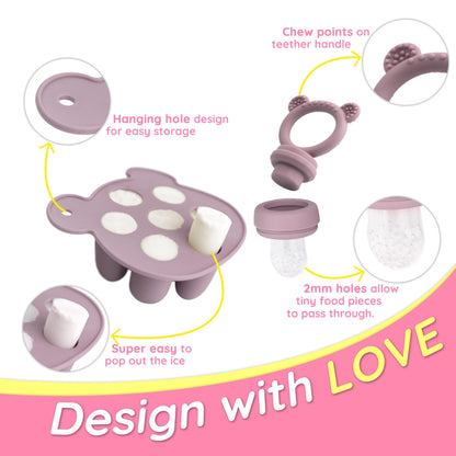 LittlesJoy Silicone Baby Fruit Feeder & Freezer Tray Set, Baby Breast Milk Popsicle Mold for purees, Baby Teething Relief for Toddler BPA Free for 3 Month+, Additional Silicone Pouches (Dusty Lilac)