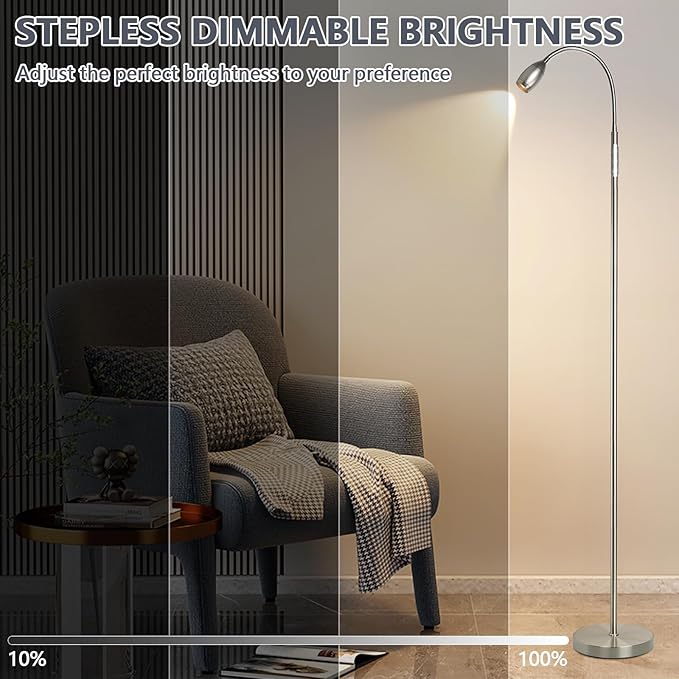 Reading Floor Lamp, 72" Tall LED Lamp with Flexible Gooseneck, Dimmable Zoomable Spotlight, Adjustable Color Beam Standing Lamp, Touch & Remote Control, Task Craft Bedroom Living Room (Brushed Nickel)