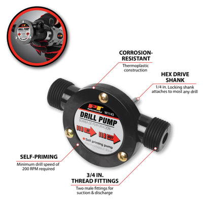 Performance Tool W1143 Liquid Transfer Pump for Corded/Cordless Drills - 225 GPH, 3/4-Inch Max Hose Diameter, Self-Priming, Corrosion-Resistant Shaft