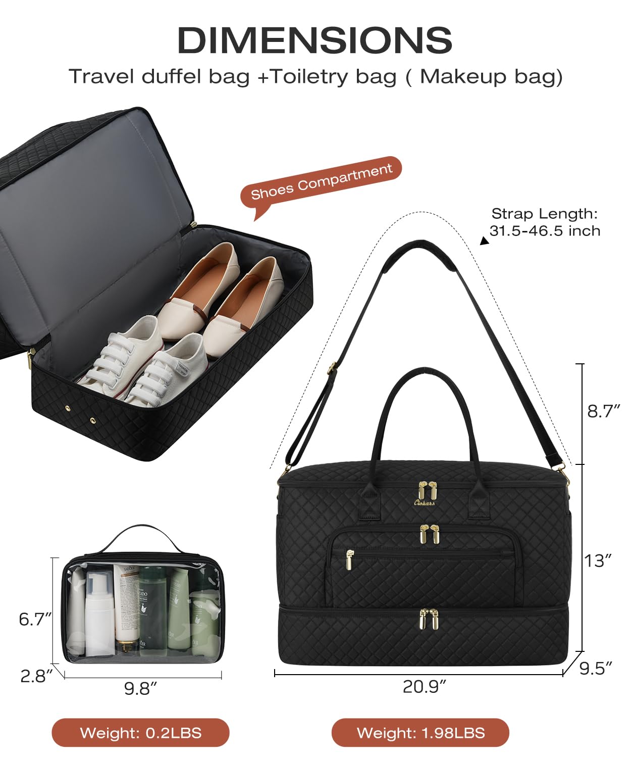 CLOKARS Travel Duffle Bag, Wide Open Large Weekender Bag for Women with Shoe Compartment, Carry on Overnight Bags with Toiletry Bag, Hospital Bag for Women Labor Delivery with Wet Pocket (Black)