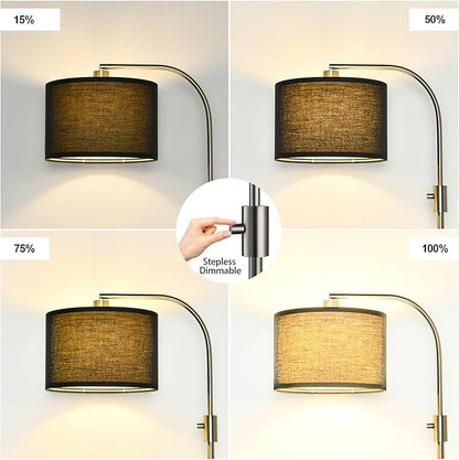 【Upgraded】 Dimmable Floor Lamp, 1200 Lumens LED Bulb Included, Brushed Nickel Arc Floor Lamps for Living Room Modern Standing Lamp with Black Shade, Tall Lamp for Living Room Bedroom Office Office
