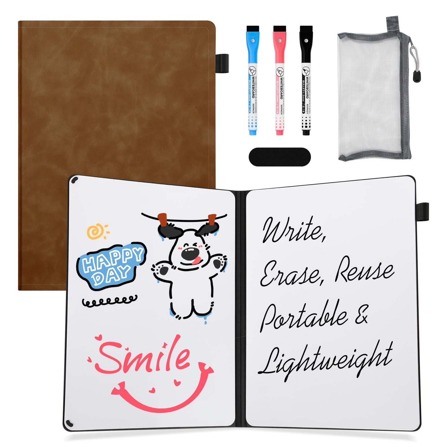 AGM Portable White Board Dry Erase Notebook, 12" x 9" Double Sided Folding Whiteboards with 3 Pens, Small Travel Dry Erase Board Skin-Friendly Material for Study, Meeting, Planning, Brown