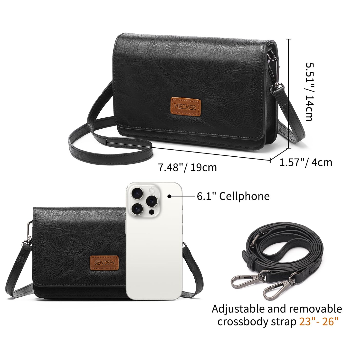 SENDEFN Small Crossbody Bags for Women Leather Cell Phone Purse Wallet shoulder handbag with ID window and Card Slots